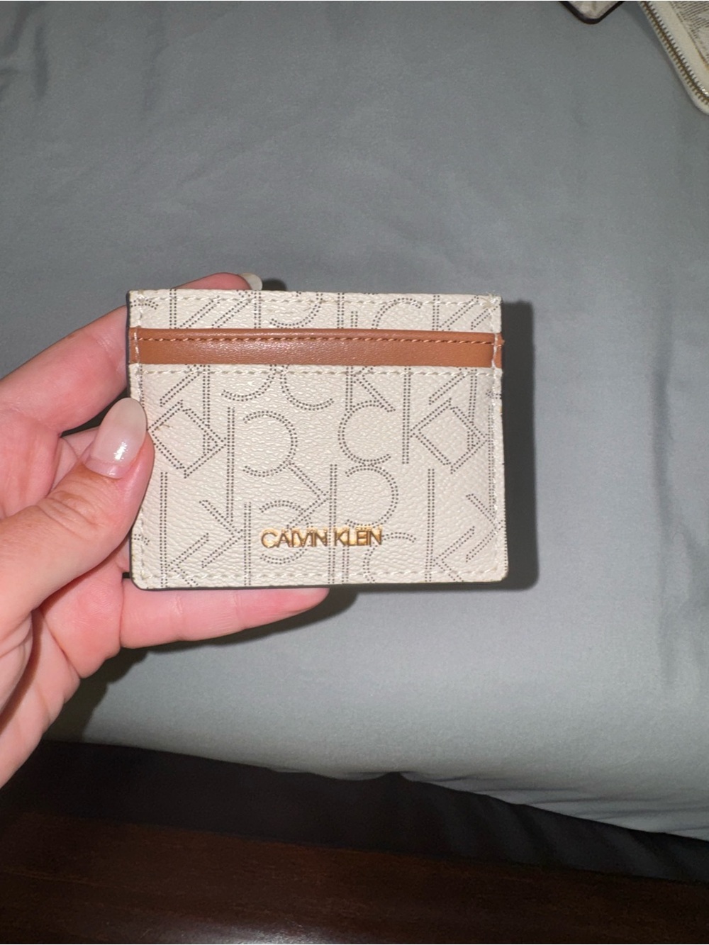 Calvin Klein Cream Monogram Card Case with Brown Trim